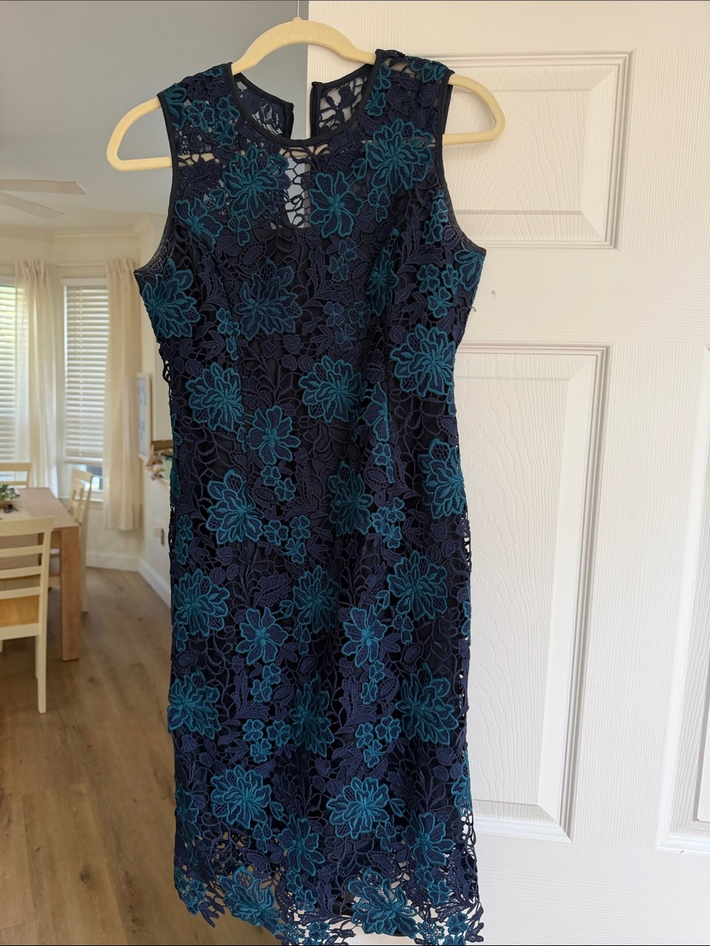 White House Black Market Sleeveless Navy Lace Dress with Teal Floral Appliqué